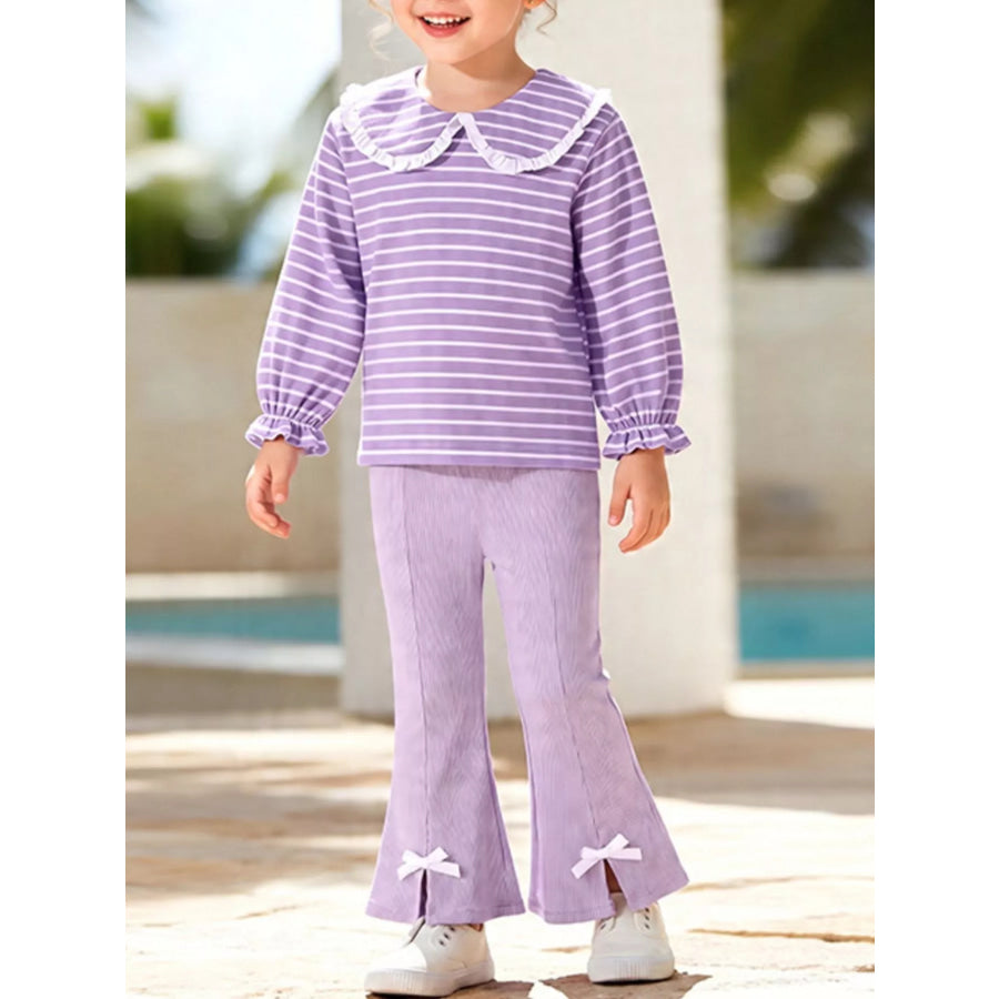 Children’s Striped Peter Pan Collar Top and Flared Pants Set Lavender / 2Y Apparel and Accessories