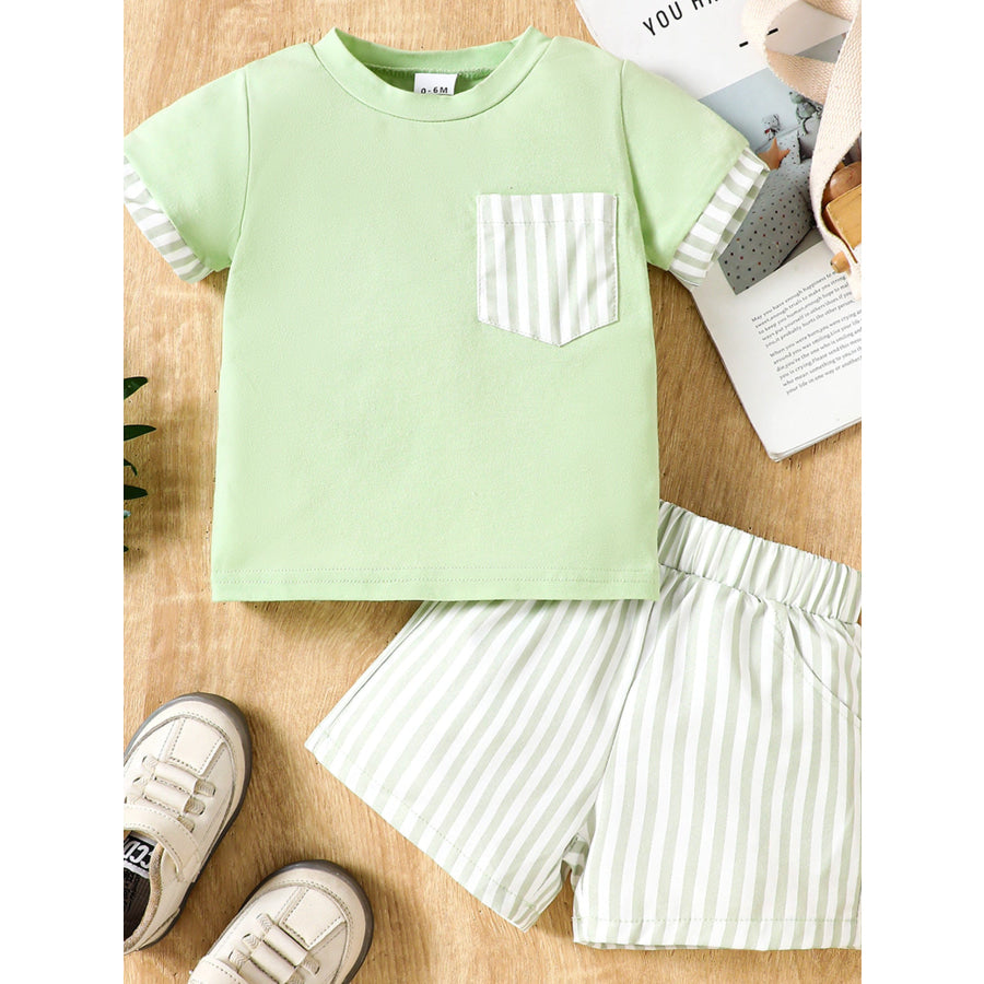Children’s Striped Pocket Tee and Shorts Set Light Green / 0-6M Apparel and Accessories