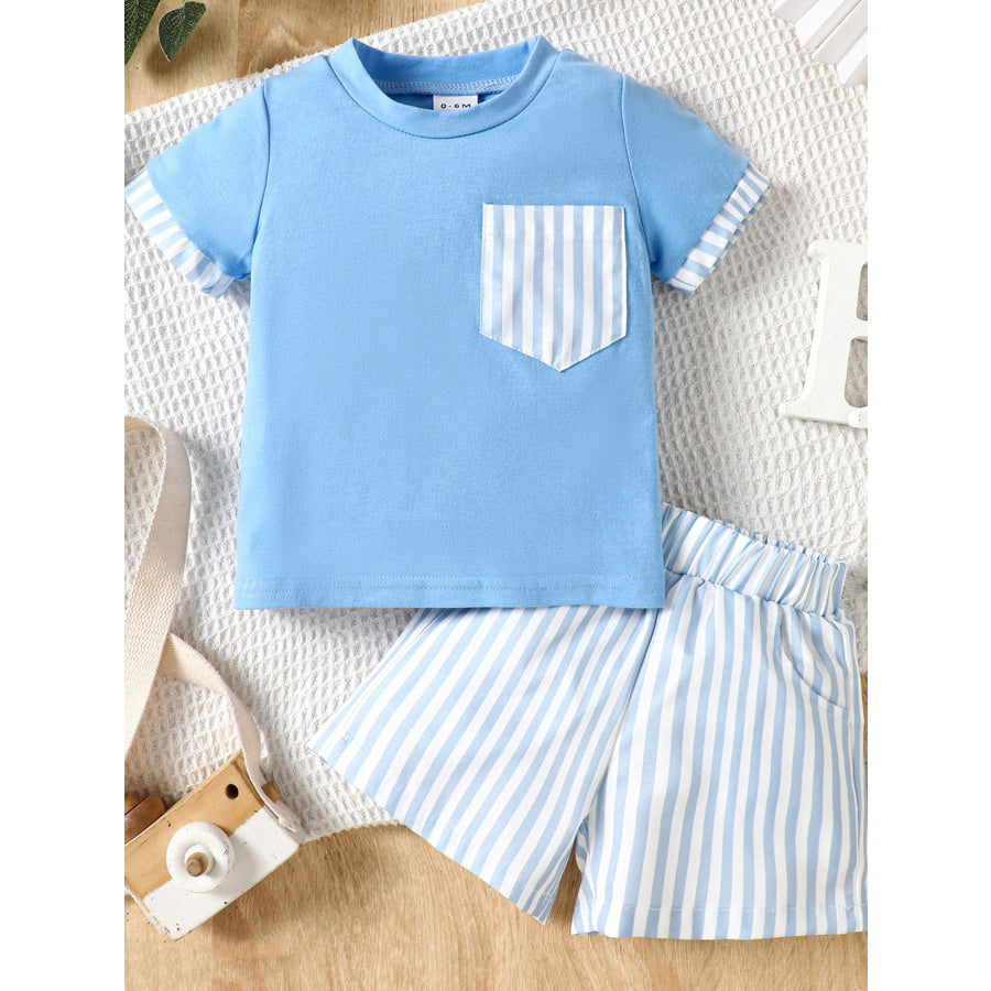 Children’s Striped Pocket Tee and Shorts Set Pastel Blue / 0-6M Apparel and Accessories