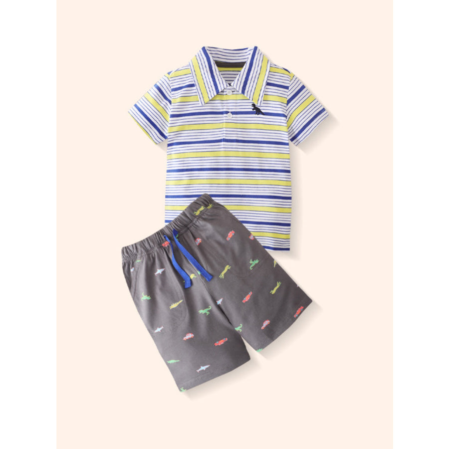 Children’s Striped Polo Shirt & Dinosaur Print Shorts Set Multicolor / 3Y Apparel and Accessories