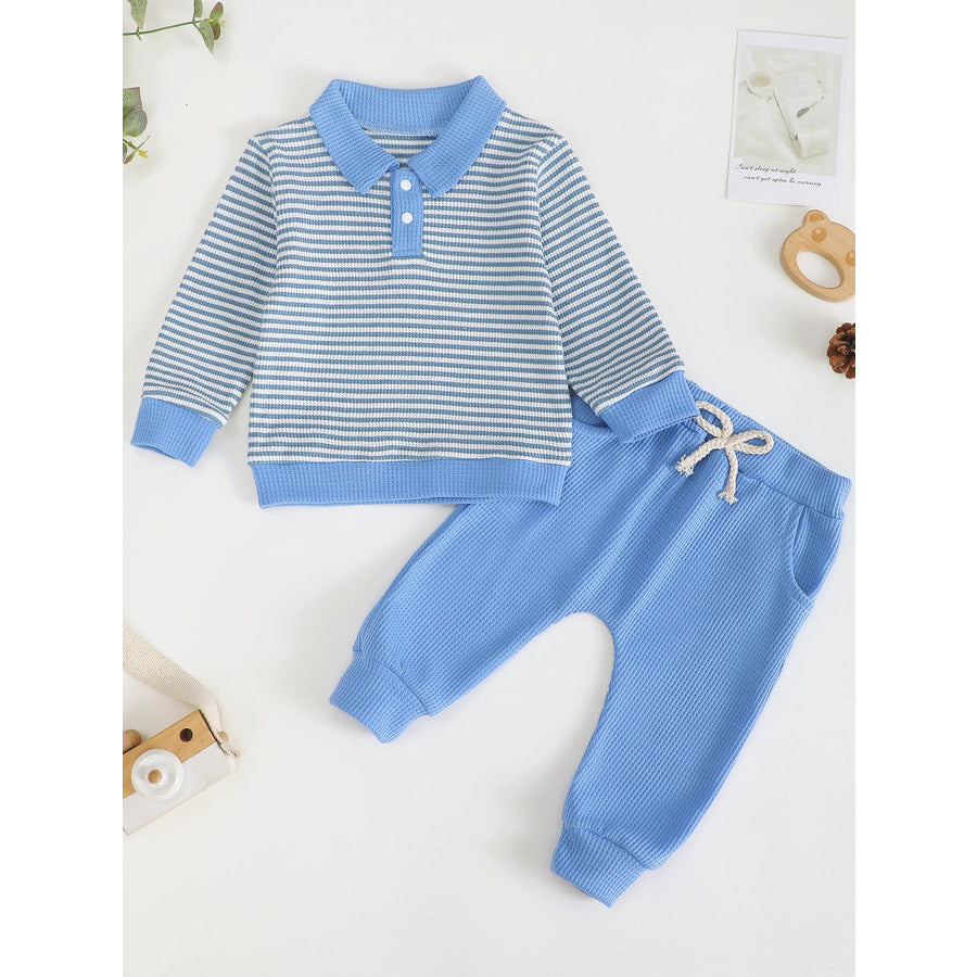 Children’s Striped Polo Shirt & Pants Set Blue / 3-6M Apparel and Accessories