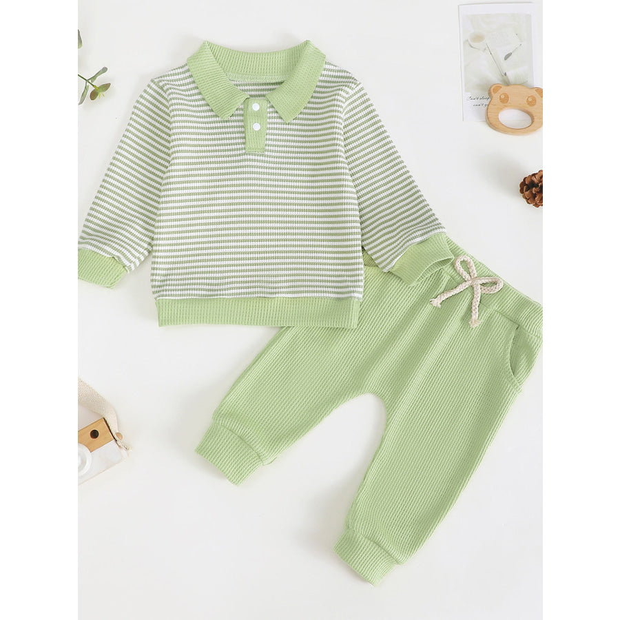 Children’s Striped Polo Shirt & Pants Set Green / 3-6M Apparel and Accessories