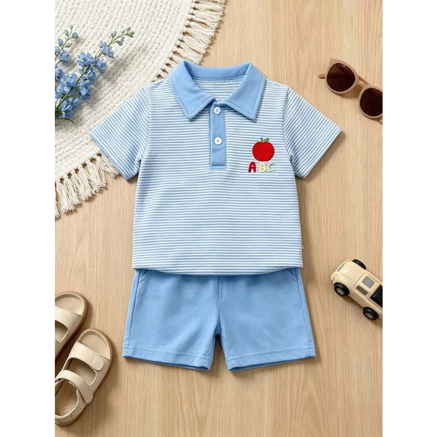 Children’s Striped Polo Shirt & Shorts Set with Apple Embroidery Light Blue / 18-24M Apparel and Accessories