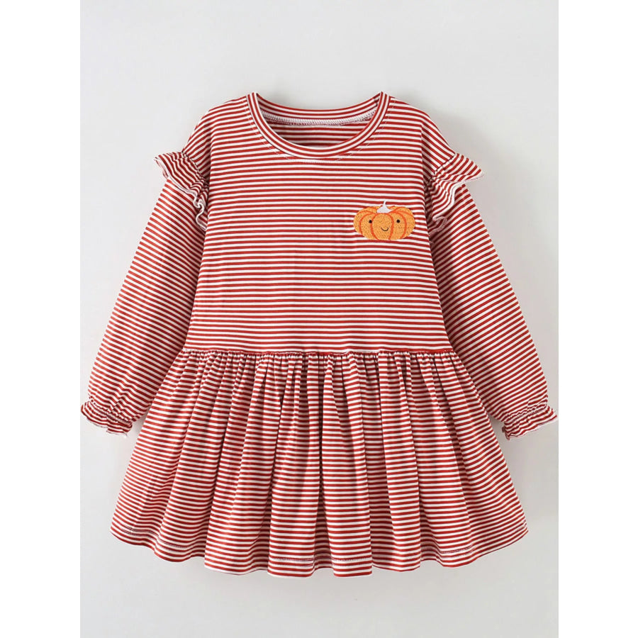 Children’s Striped Pumpkin Ruffle Long Sleeve Dress Multicolor / 3Y Apparel and Accessories
