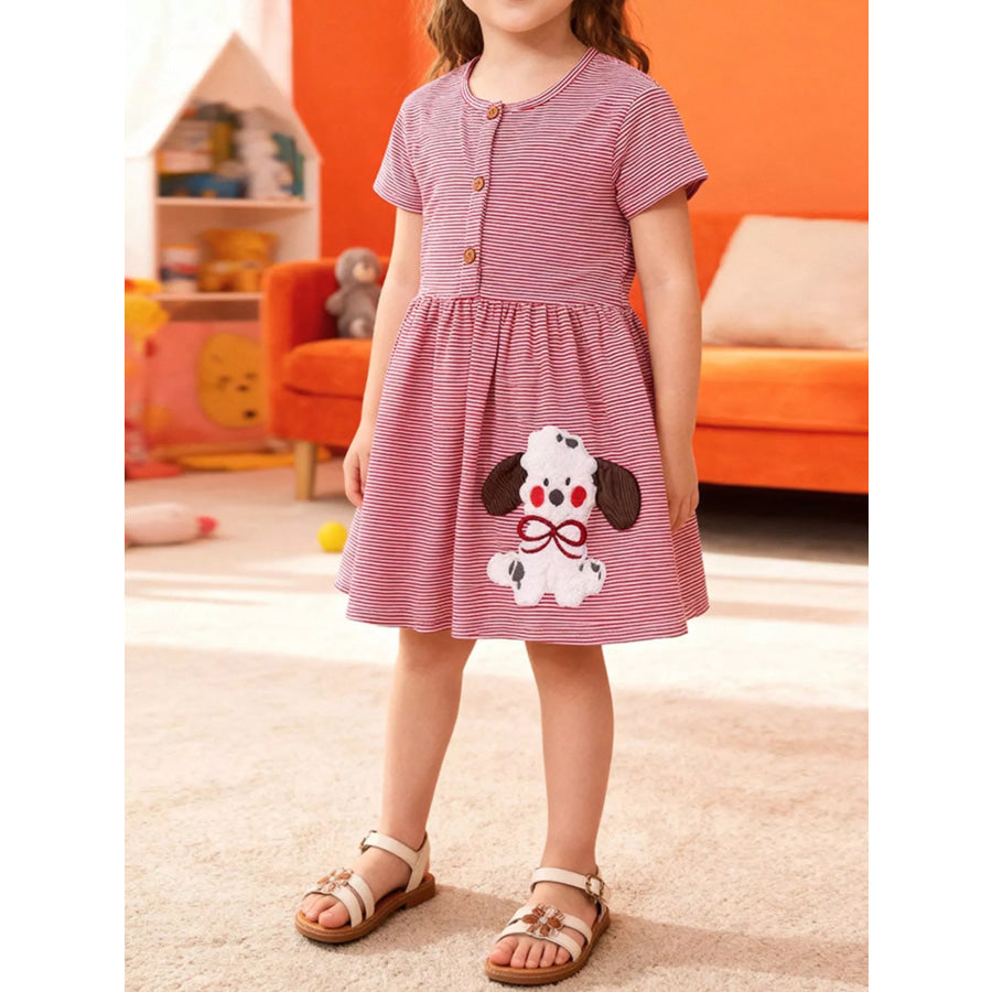 Children’s Striped Puppy Short Sleeve Casual Dress Deep Rose / 2Y Apparel and Accessories