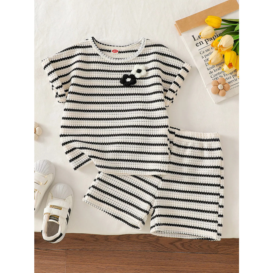 Children’s Striped Round Neck Top and Shorts Set White / 4Y Apparel and Accessories