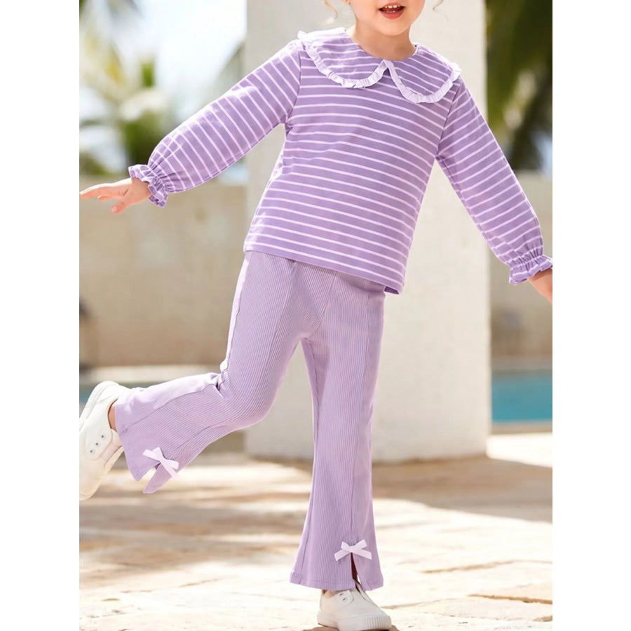 Children’s Striped Ruffle Collar Top and Bow Flare Pants Set Lavender / 2Y Apparel and Accessories