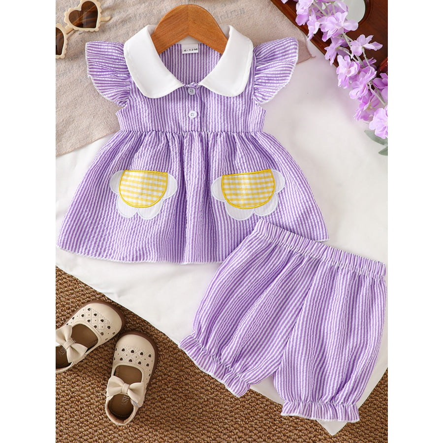 Children’s Striped Ruffle Sleeve Top and Shorts Set Lilac / 6-12M Apparel and Accessories