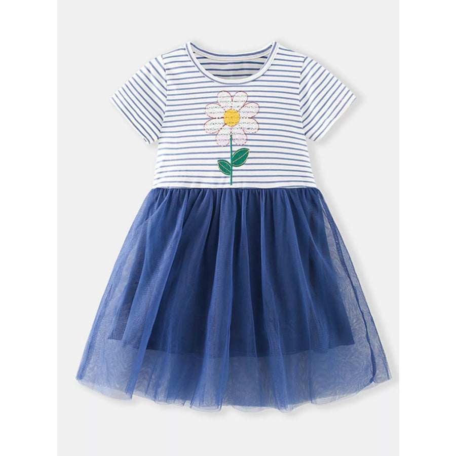 Children’s Striped Sequin Flower Tulle Dress Dark Blue / 2Y Apparel and Accessories