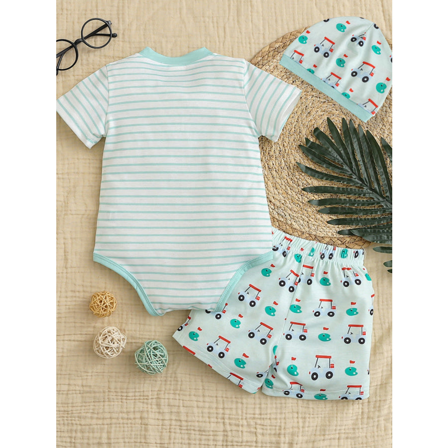 Children’s Striped Short Sleeve Bodysuit and Shorts Set with Hat Apparel and Accessories