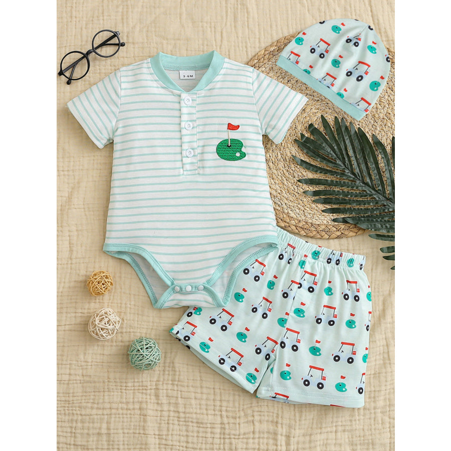 Children’s Striped Short Sleeve Bodysuit and Shorts Set with Hat Light Green / 0-3M Apparel and Accessories