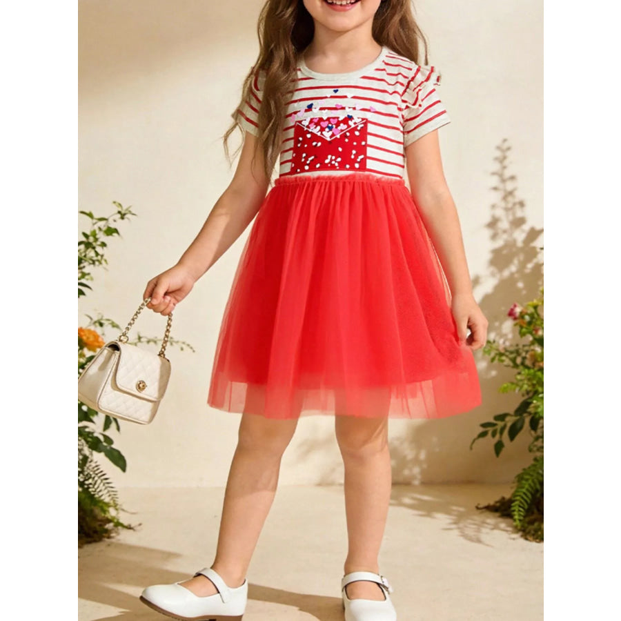 Children’s Striped Short Sleeve Tulle Dress Red / 2Y Apparel and Accessories