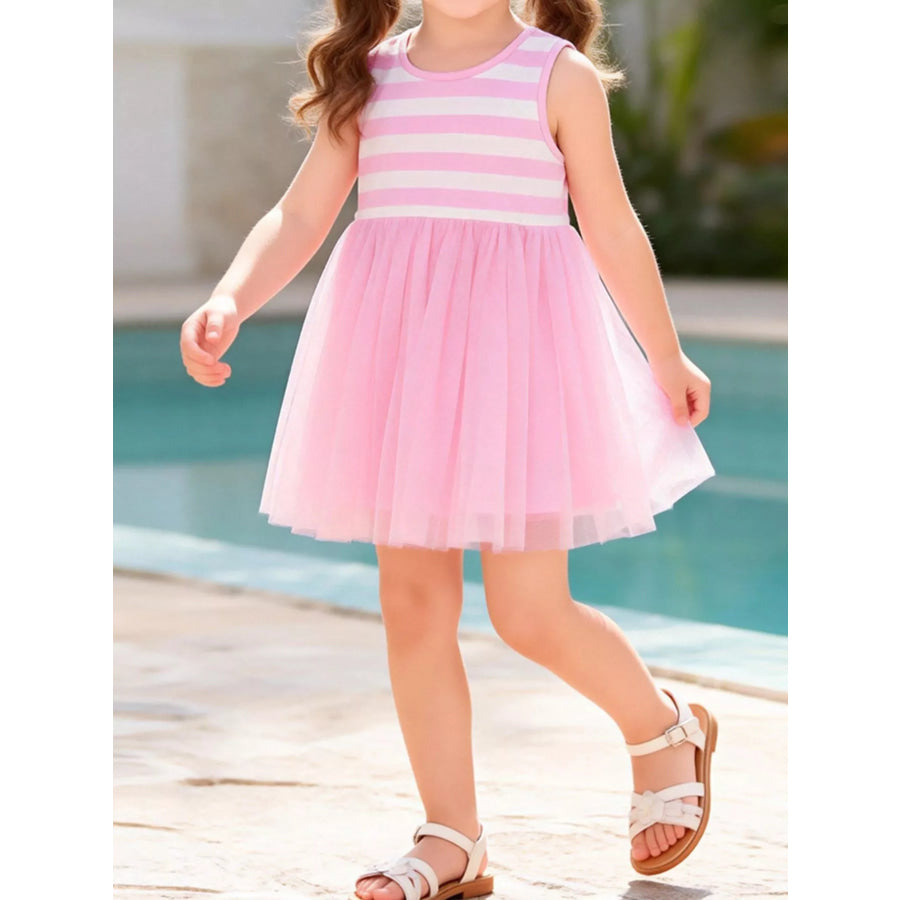 Children’s Striped Sleeveless Tulle Dress Pink / 2Y Apparel and Accessories