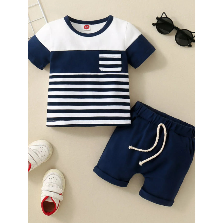 Children’s Striped T-shirt and Shorts Set Dark Blue / 0-6M Apparel and Accessories