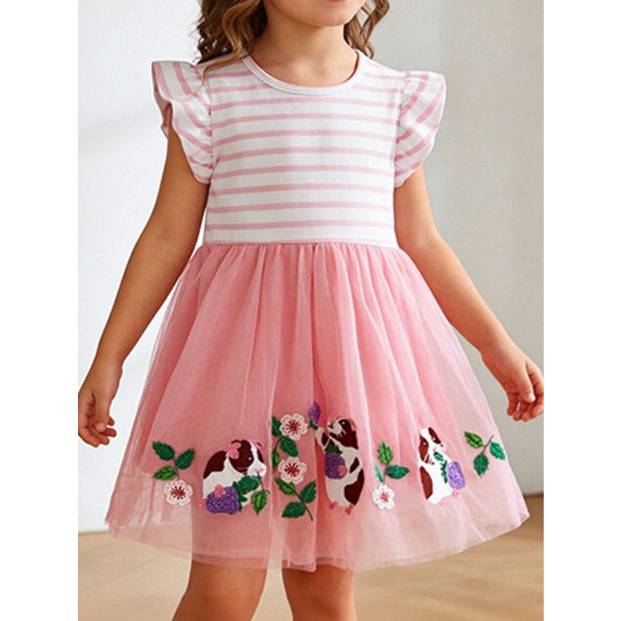 Children’s Striped Top Tulle Guinea Pig Embroidered Dress Blush Pink / 2Y Apparel and Accessories