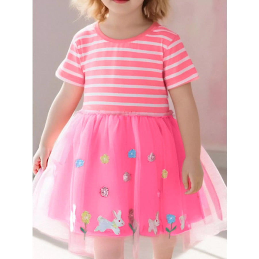 Children’s Striped Tulle Dress with Bunny Applique Fuchsia Pink / 2Y Apparel and Accessories