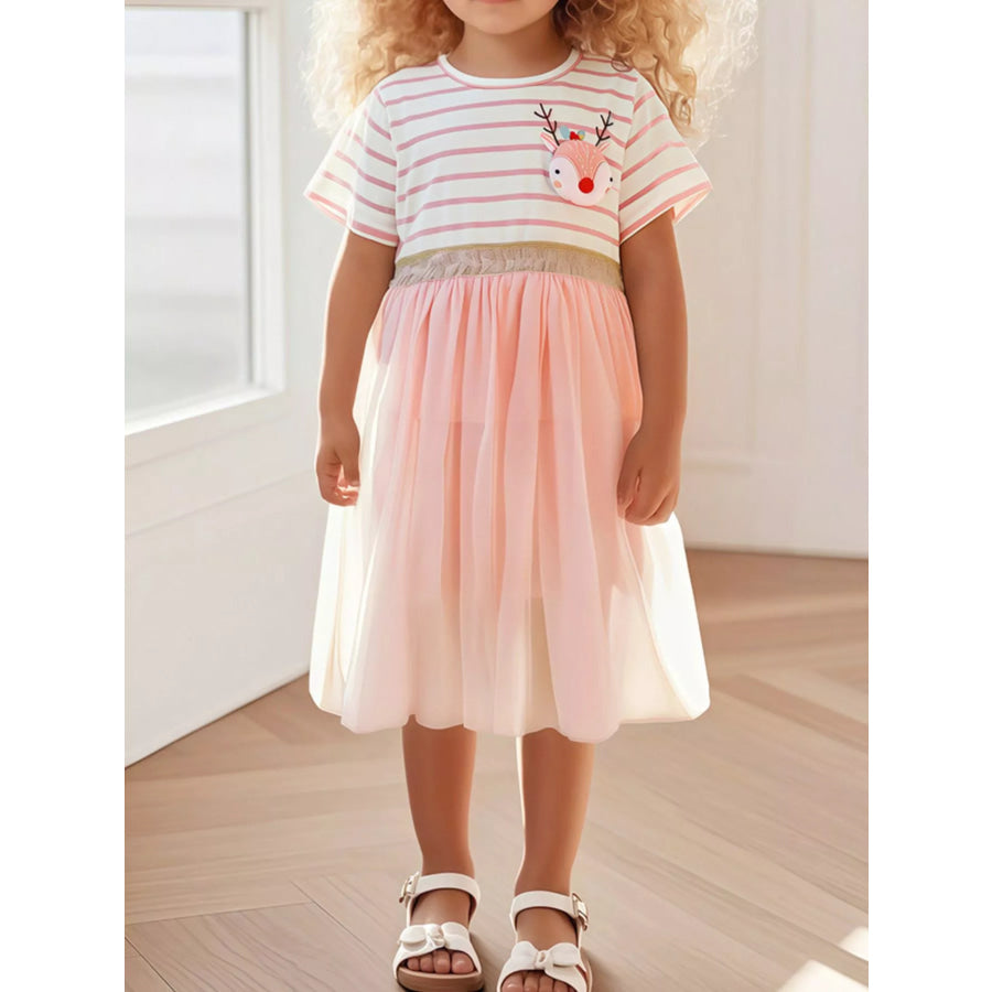 Children’s Striped Tulle Dress with Reindeer Applique Blush Pink / 2Y Apparel and Accessories