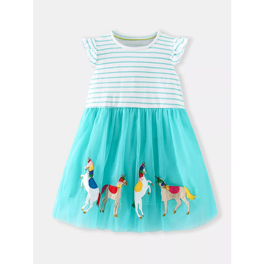 Children’s Striped Unicorn Embroidered Tulle Dress Aqua / 2Y Apparel and Accessories
