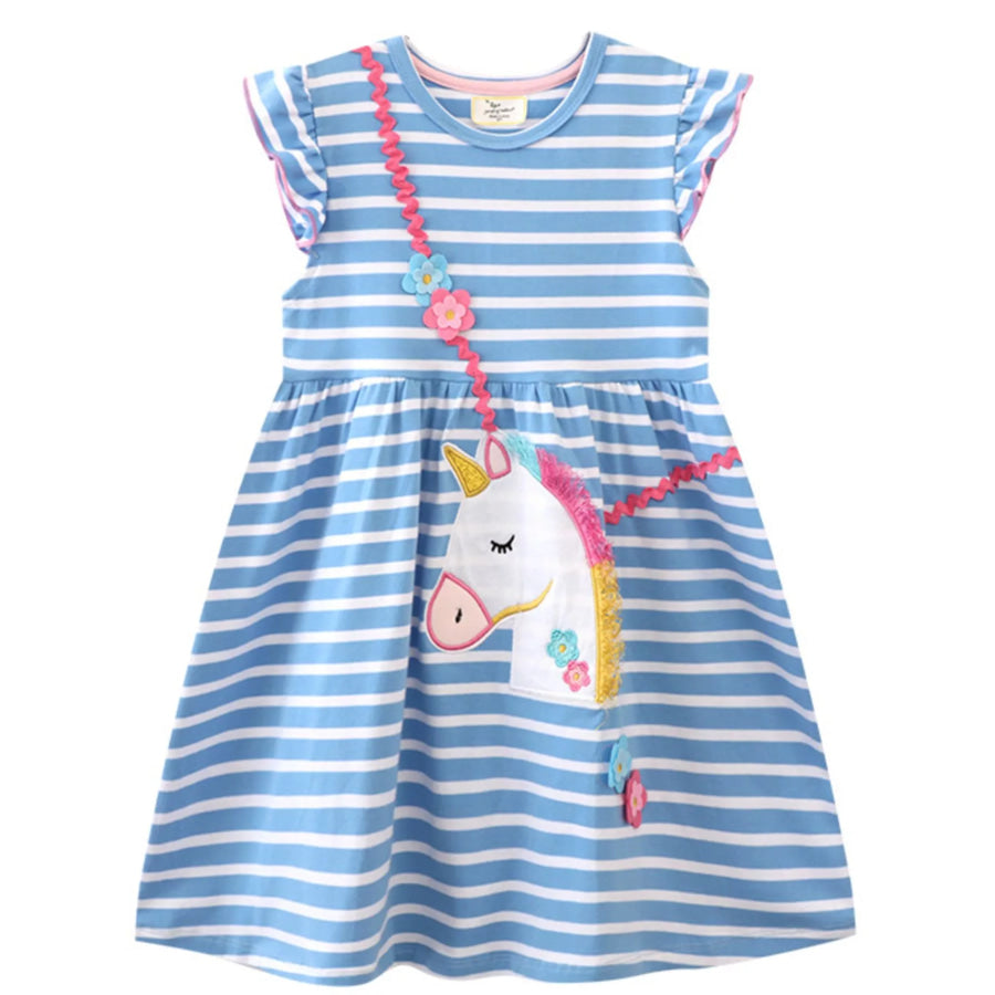 Children’s Striped Unicorn Ruffle Sleeve Dress Sky Blue / 2T Apparel and Accessories