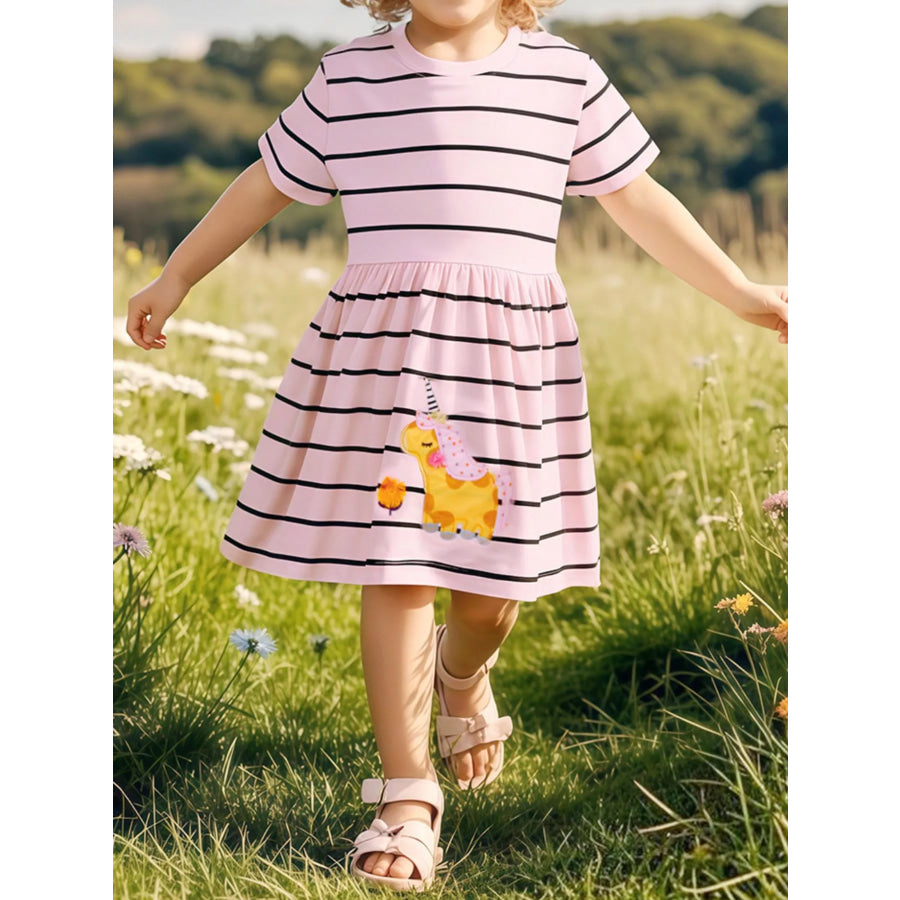 Children’s Striped Unicorn Short Sleeve Casual Dress Blush Pink / 2Y Apparel and Accessories