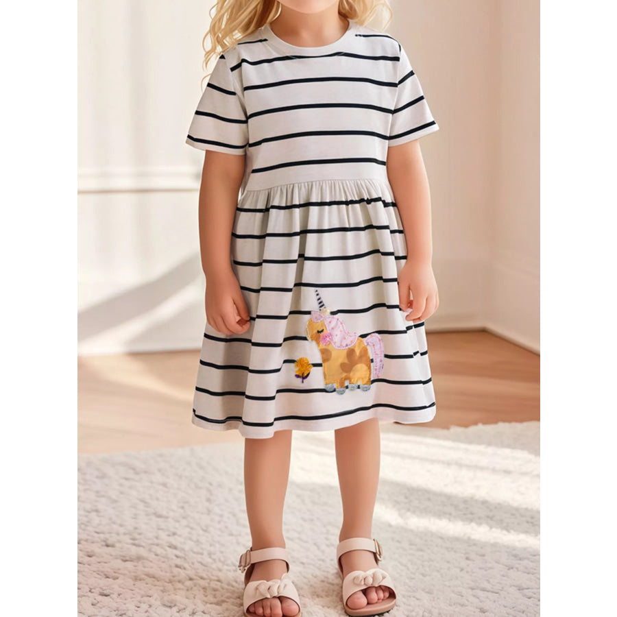 Children’s Striped Unicorn Short Sleeve Casual Dress White / 2Y Apparel and Accessories
