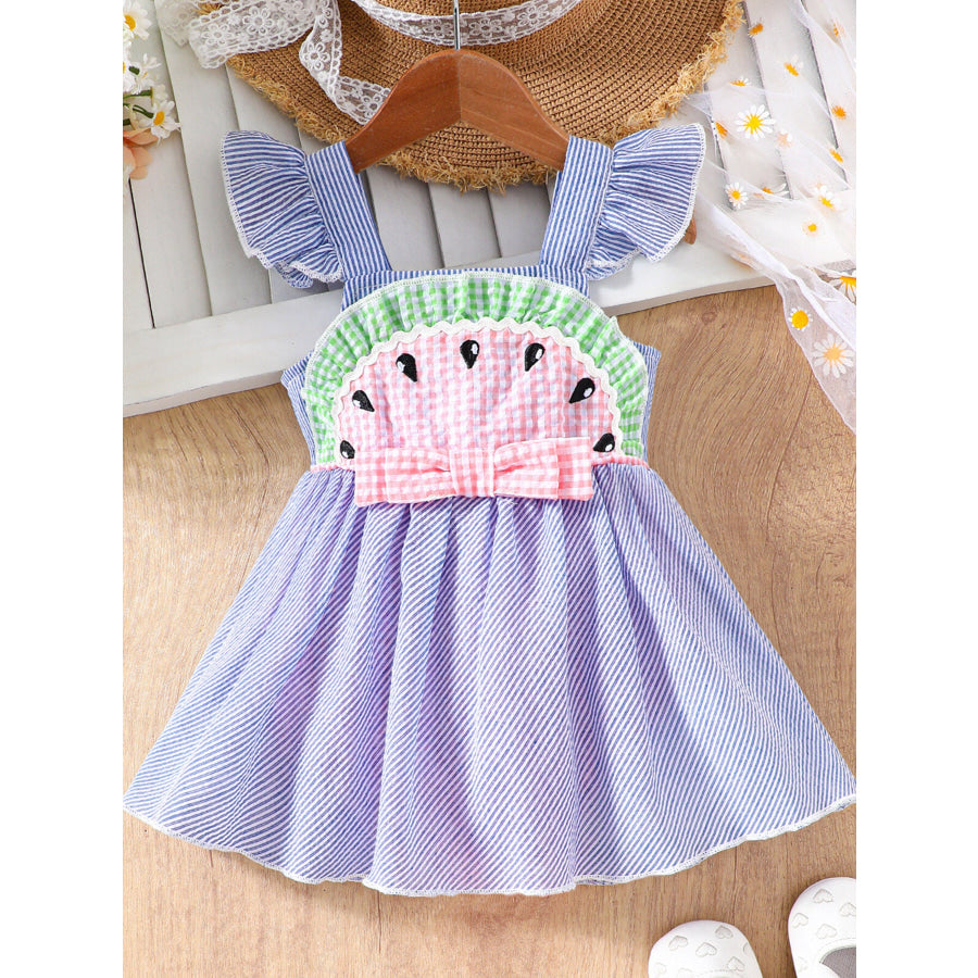 Children’s Striped Watermelon Ruffle Sleeve Dress Light Blue / 0-3M Apparel and Accessories