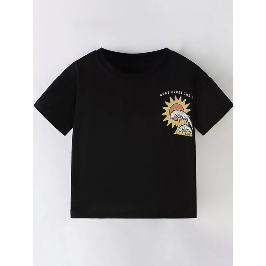 Children’s Summer Sun & Wave Graphic Short Sleeve T-Shirt Black / 3Y Apparel and Accessories