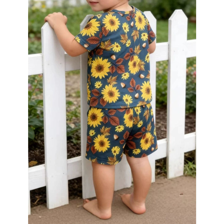 Children’s Sunflower & Autumn Leaves Print Tee and Shorts Set Apparel and Accessories