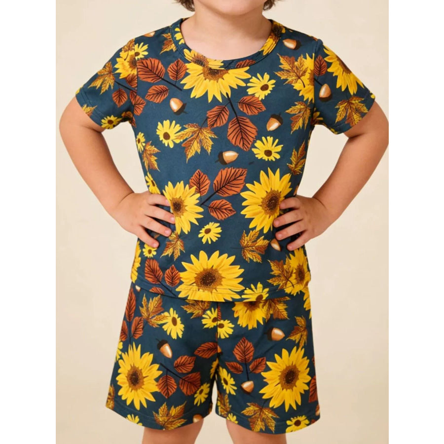 Children’s Sunflower & Autumn Leaves Print Tee and Shorts Set Multicolor / 1Y Apparel and Accessories