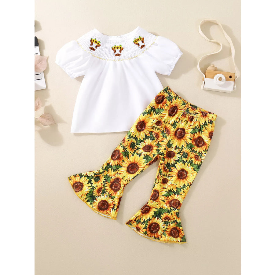 Children’s Sunflower Smocked Top and Bell Bottom Set White / 6-12M Apparel and Accessories