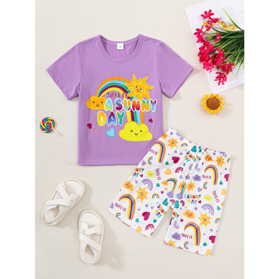Children’s Sunny Day Print Short Sleeve Tee and Shorts Set Purple / 4Y Apparel and Accessories