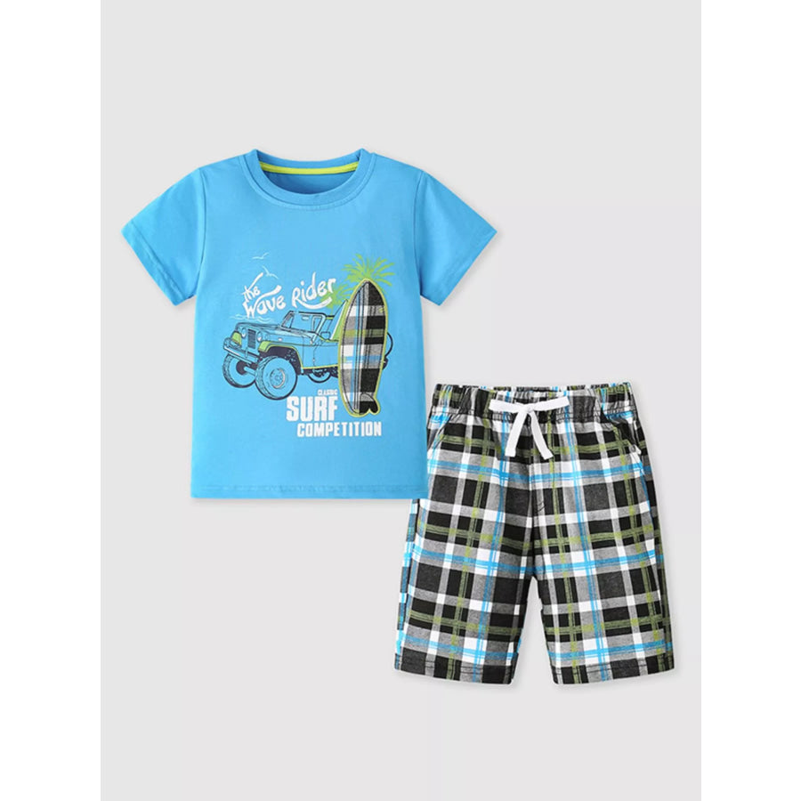 Children’s Surf Rider Graphic Tee & Plaid Shorts Set Sky Blue / 4Y Apparel and Accessories