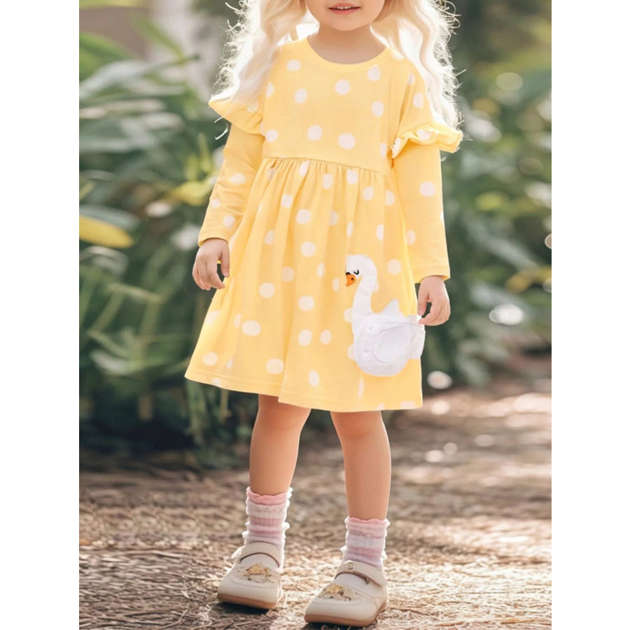 Children’s Swan Applique Polka Dot Ruffle Sleeve Dress Yellow / 2Y Apparel and Accessories