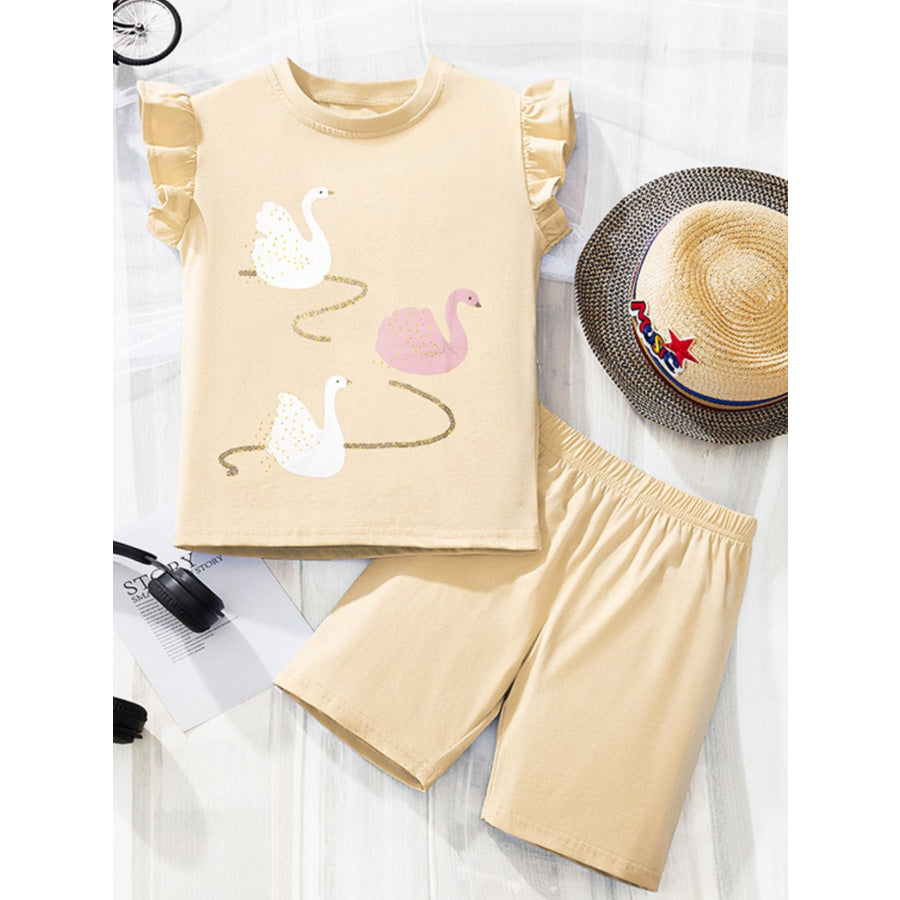 Children’s Swan Print Ruffle Sleeve Top & Shorts Set Tan / 3Y Apparel and Accessories