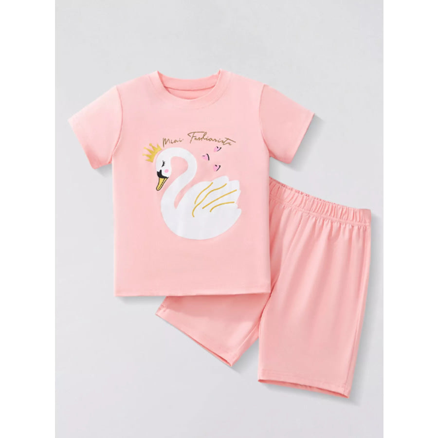 Children’s Swan Round Neck Tee and Shorts Casual Set Blush Pink / 3Y Apparel and Accessories