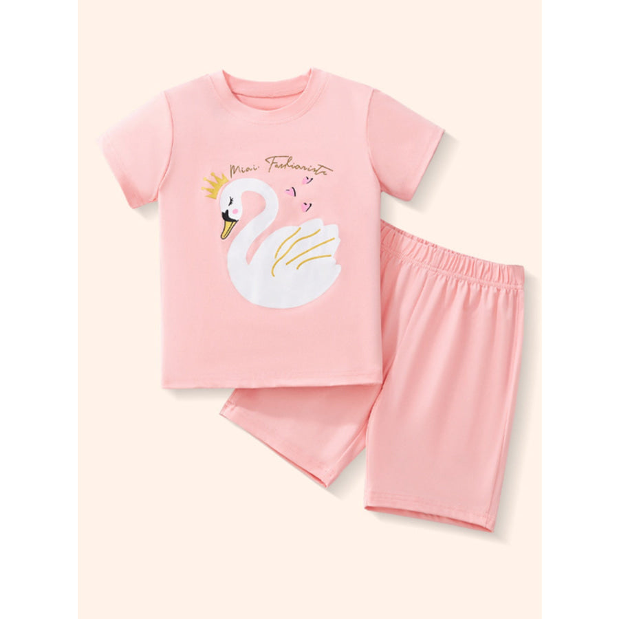 Children’s Swan Short Sleeve Tee and Shorts Set Blush Pink / 3Y Apparel and Accessories