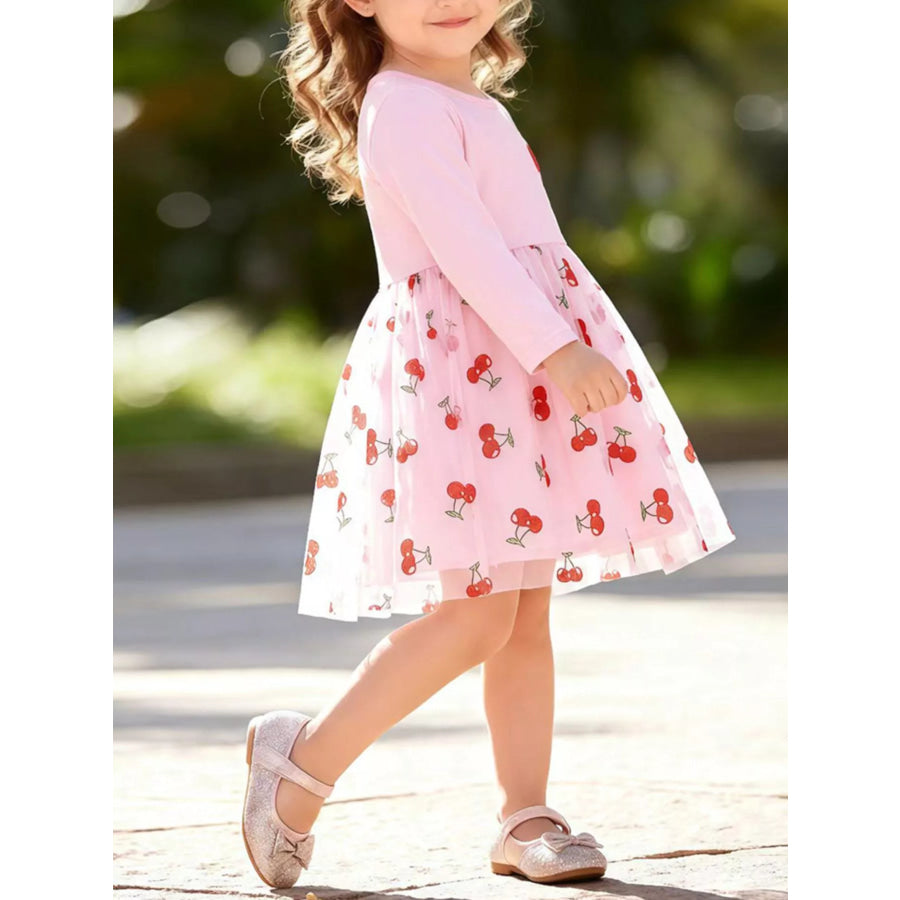 Children’s Sweet Cherry Print Tulle Dress with Long Sleeves Apparel and Accessories