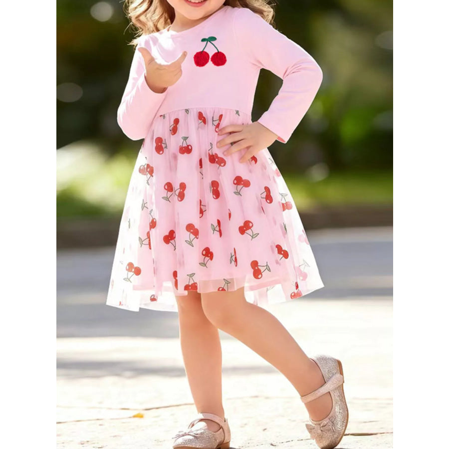 Children’s Sweet Cherry Print Tulle Dress with Long Sleeves Apparel and Accessories
