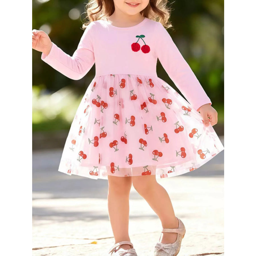 Children’s Sweet Cherry Print Tulle Dress with Long Sleeves Pink / 2Y Apparel and Accessories