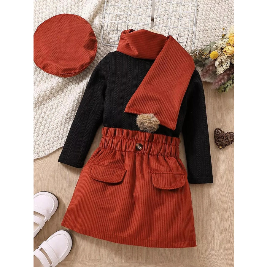 Children’s Texture Knit Top and Skirt Set with Scarf & Beret Black / 2T Apparel and Accessories