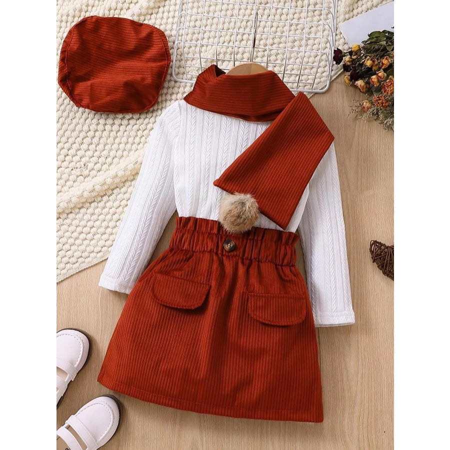 Children’s Texture Knit Top and Skirt Set with Scarf & Beret White / 2T Apparel and Accessories
