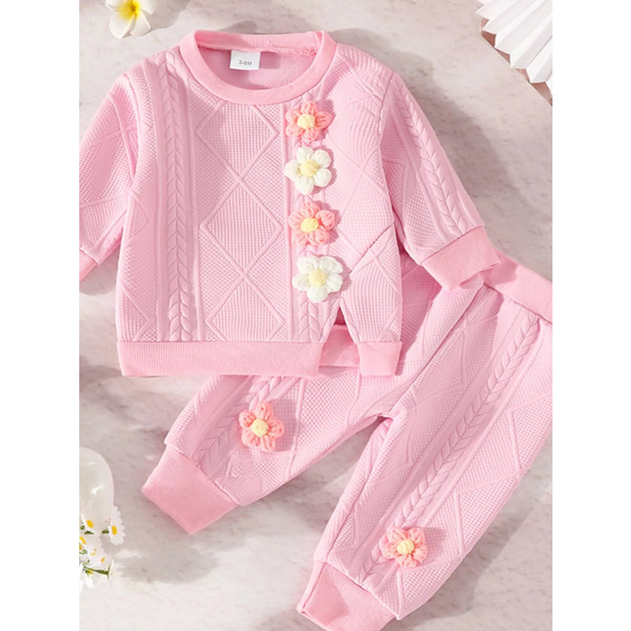 Children’s Textured Flower Top and Pants Set Pink / 3-6M Apparel and Accessories