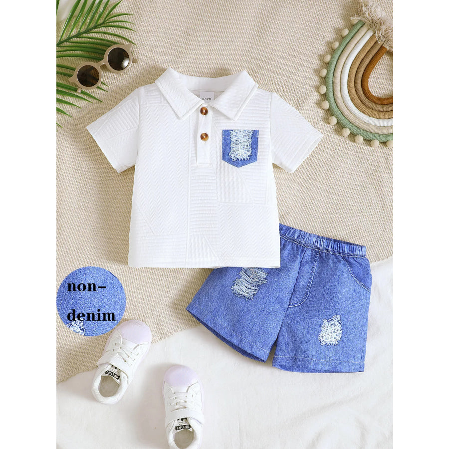 Children’s Textured Polo Shirt & Ripped Shorts Set White / 6-9M Apparel and Accessories