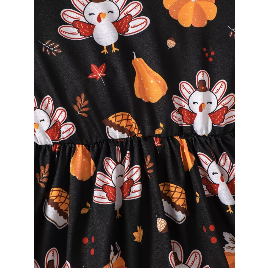 Children’s Thanksgiving Turkey Print Ruffle Hem Long Sleeve Dress Apparel and Accessories