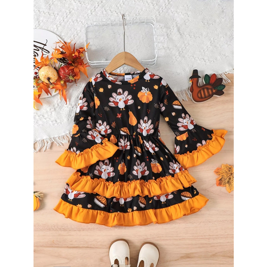 Children’s Thanksgiving Turkey Print Ruffle Hem Long Sleeve Dress Black / 12-18M Apparel and Accessories
