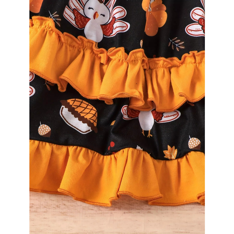 Children’s Thanksgiving Turkey Print Ruffle Hem Long Sleeve Dress Apparel and Accessories