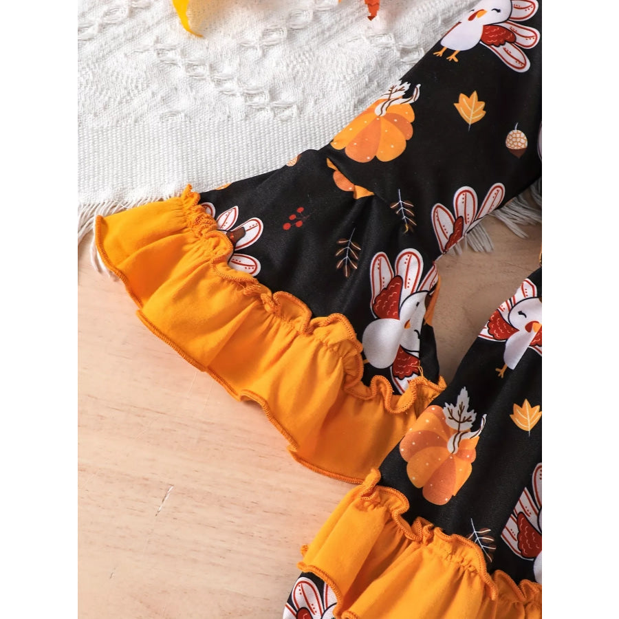 Children’s Thanksgiving Turkey Print Ruffle Hem Long Sleeve Dress Apparel and Accessories