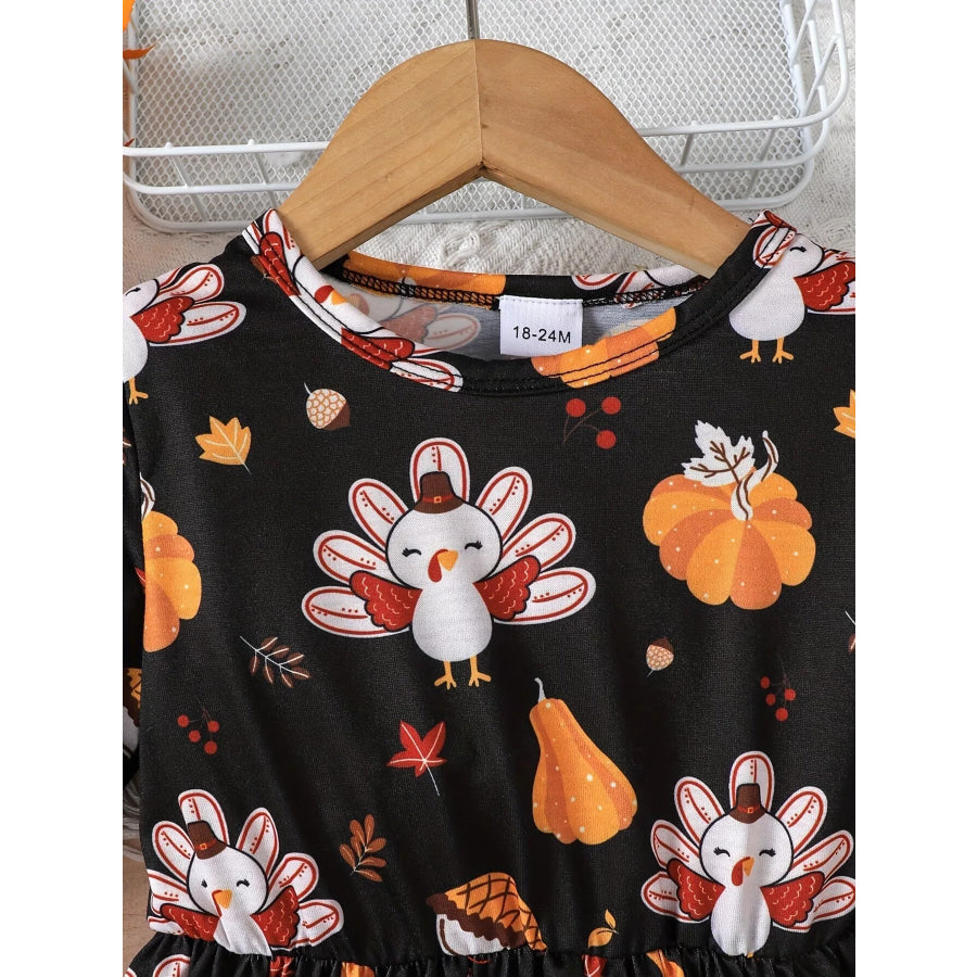 Children’s Thanksgiving Turkey Print Ruffle Hem Long Sleeve Dress Apparel and Accessories