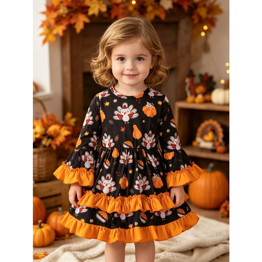 Children’s Thanksgiving Turkey Print Ruffle Hem Long Sleeve Dress Black / 12-18M Apparel and Accessories