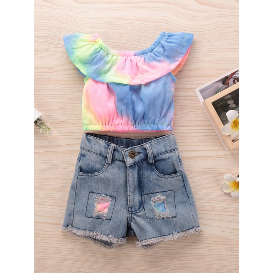 Children’s Tie-Dye Ruffle Crop Top and Distressed Denim Shorts Set Blue / 2T Apparel and Accessories
